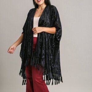 NEW Umgee Two-Tone Floral Burnout Velvet Tassel Fringe Kimono Plus